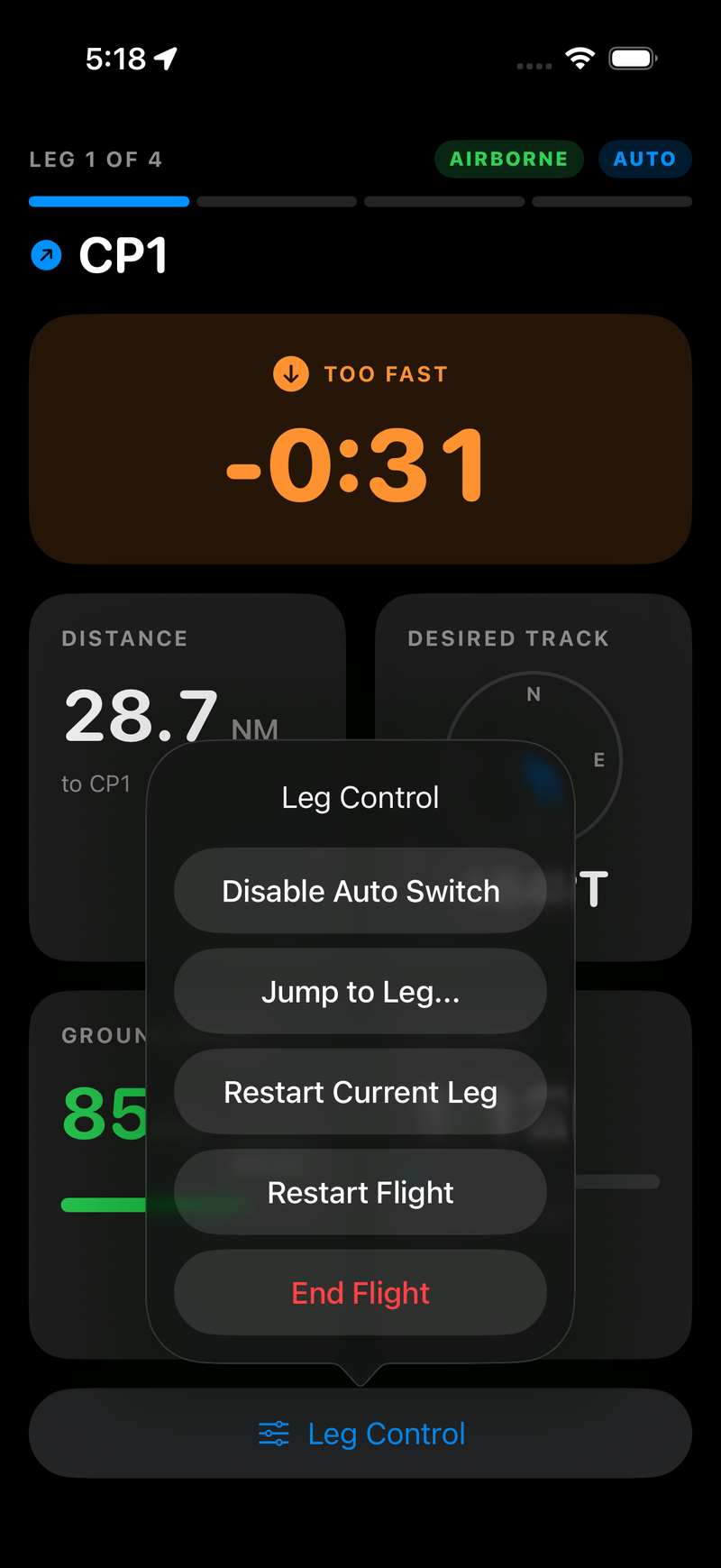 The Leg Control menu open over the live flight panel, listing Disable Auto Switch, Jump to Leg, Restart Current Leg, Restart Flight, and End Flight in red.