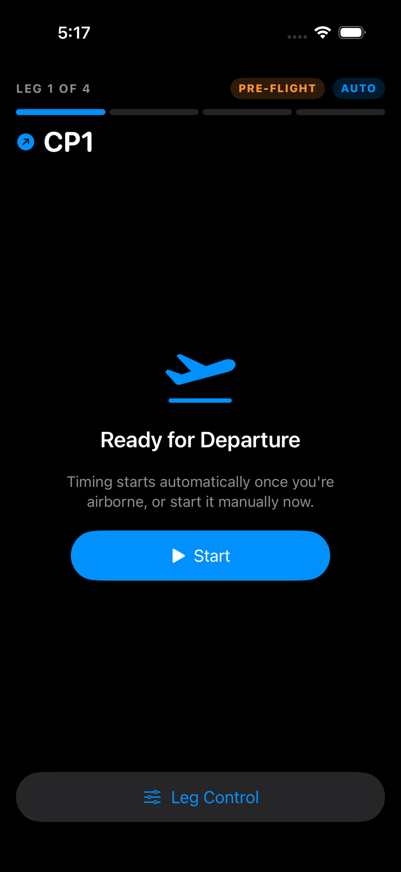 The live flight screen before takeoff: a LEG 1 OF 4 header with a four-segment progress bar, orange PRE-FLIGHT and blue AUTO pills, the next waypoint CP1, and a Ready for Departure panel with a Start button.