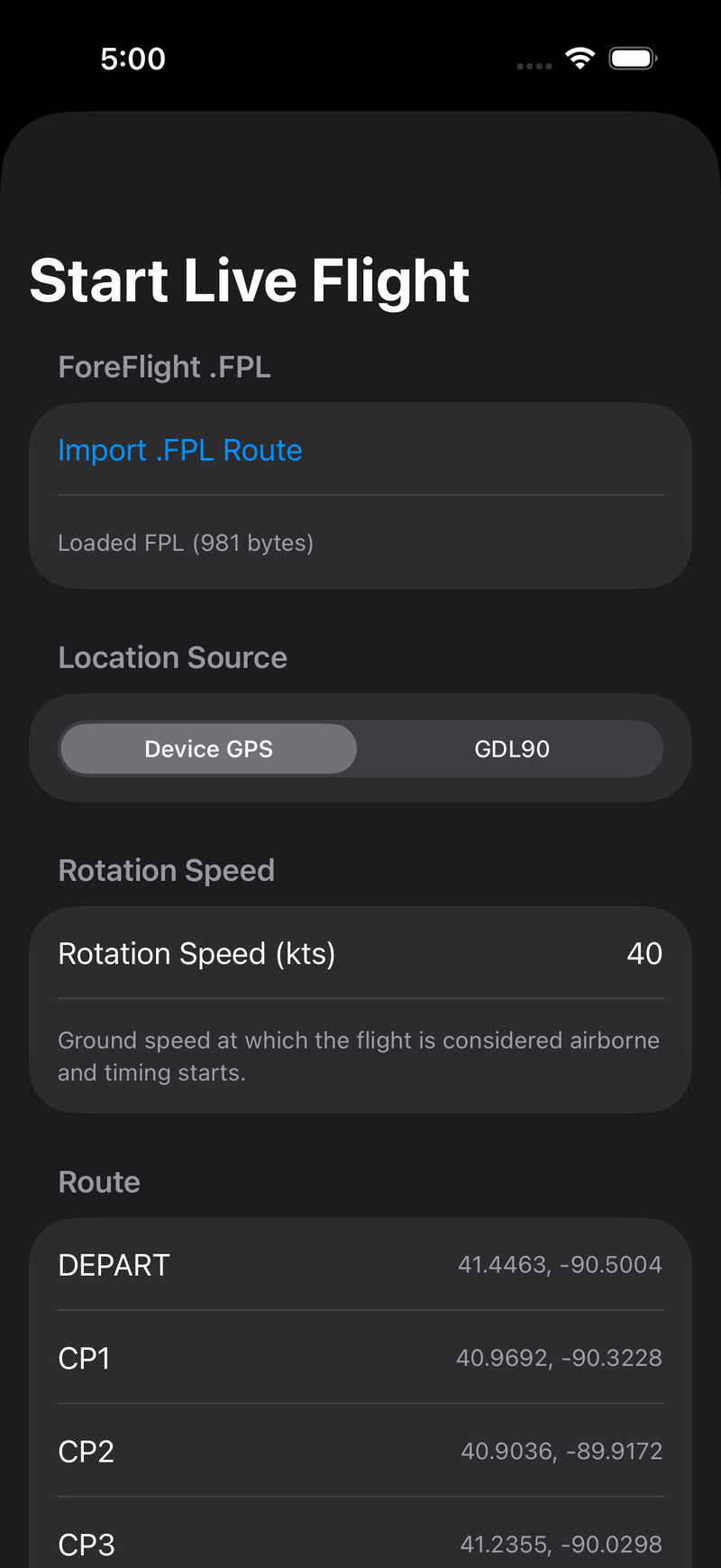 The Start Live Flight setup screen showing an imported FPL, the Device GPS / GDL90 location source picker, a rotation speed of 40 knots, and the parsed route waypoints with their coordinates.