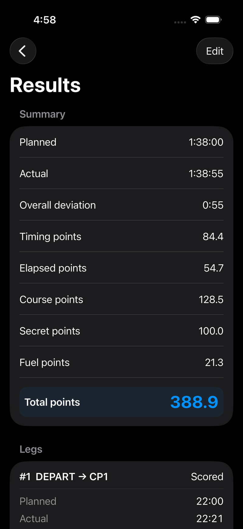 The results summary: planned 1:38:00, actual 1:38:55, overall deviation 0:55, timing points 84.4, elapsed points 54.7, course points 128.5, secret points 100.0, fuel points 21.3, and a highlighted total of 388.9 points.