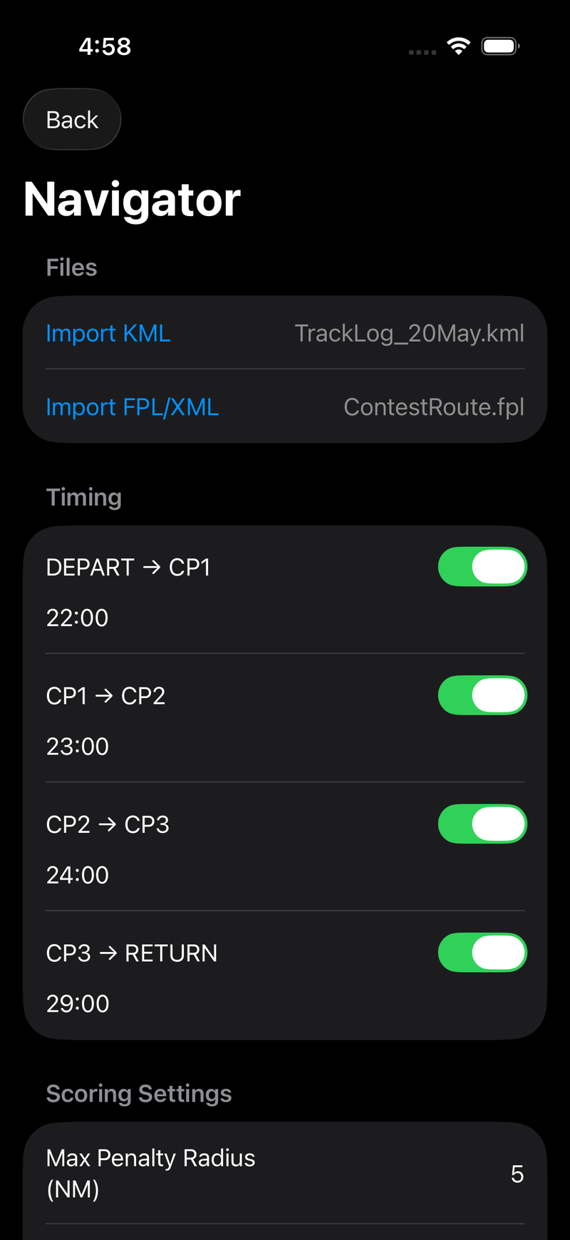 The scoring form: a Files section showing an imported TrackLog_20May.kml and ContestRoute.fpl, and a Timing section with four legs - DEPART to CP1 at 22:00, CP1 to CP2 at 23:00, CP2 to CP3 at 24:00, and CP3 to RETURN at 29:00 - each with a green Scored toggle.