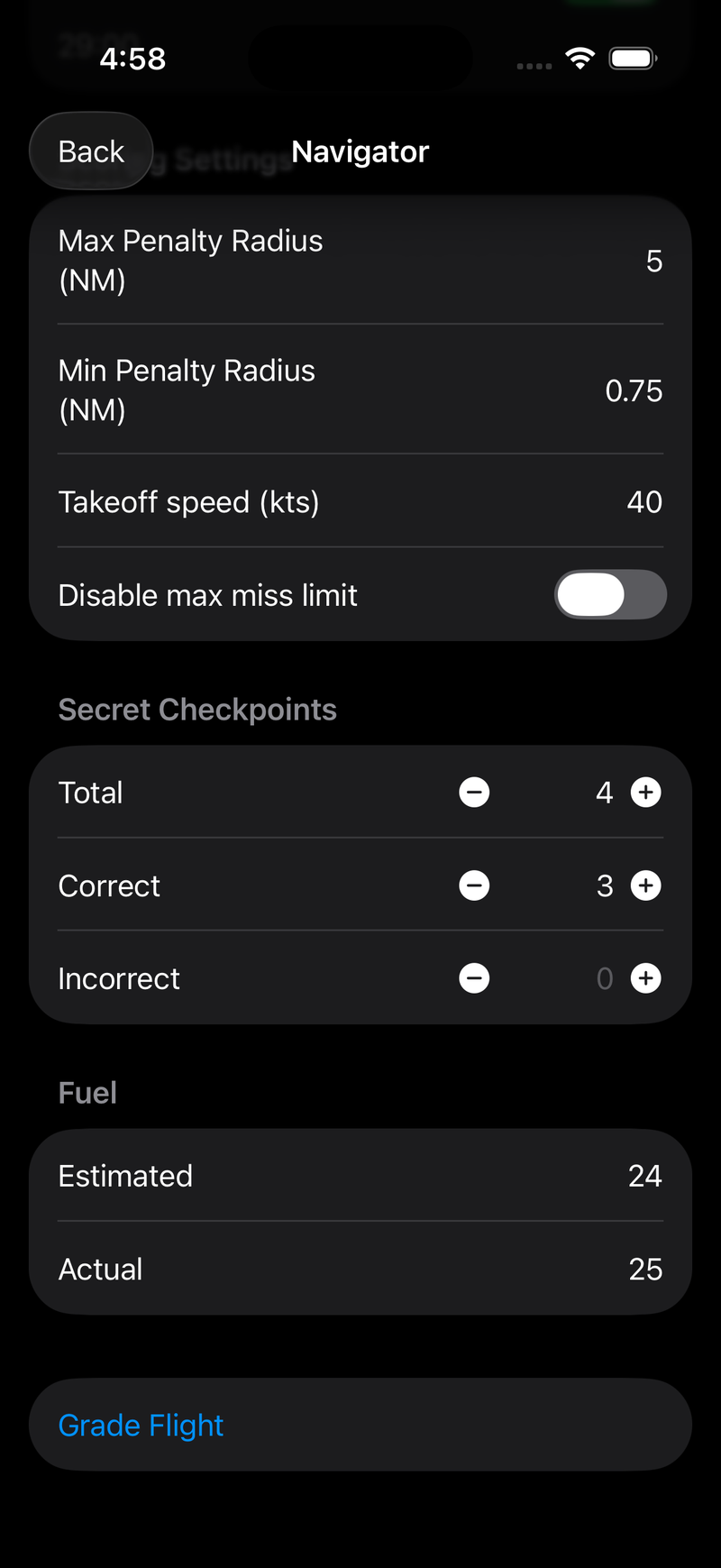The lower half of the scoring form: Scoring Settings with a 5 NM max penalty radius, 0.75 NM min penalty radius, 40 knot takeoff speed and the max miss limit enabled; Secret Checkpoints with 4 total, 3 correct, 0 incorrect; Fuel estimated 24 and actual 25; and a Grade Flight button.